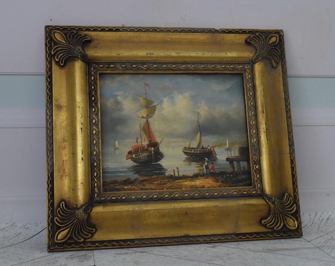Vintage Painting Ship in Port – Handmade Nautical Art with Gold Frame – Sea Wall Decor – Gift for Ocean Lovers - Home Decor