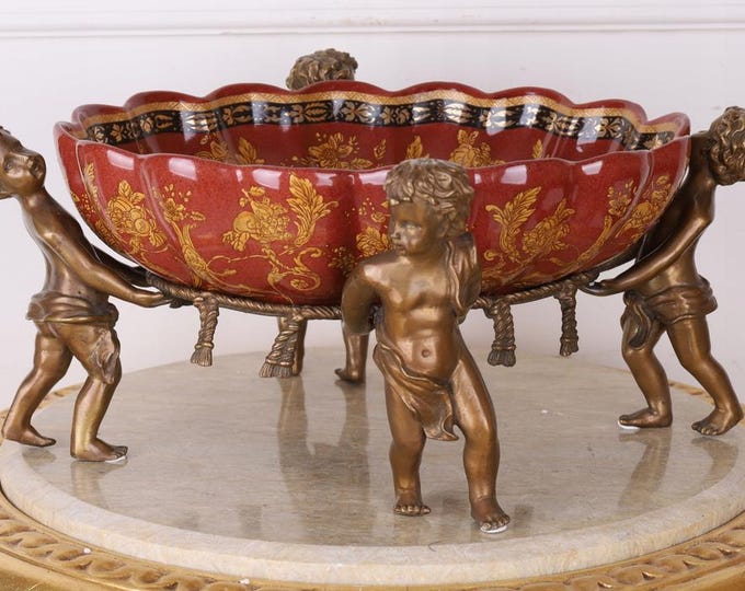 Large Amazing Red Porcelain Bowl - Bronze Ornaments 4 Angels - Plateau Porcelain Vintage - Luxury Bowl - Angels and Flowers - Home Decor