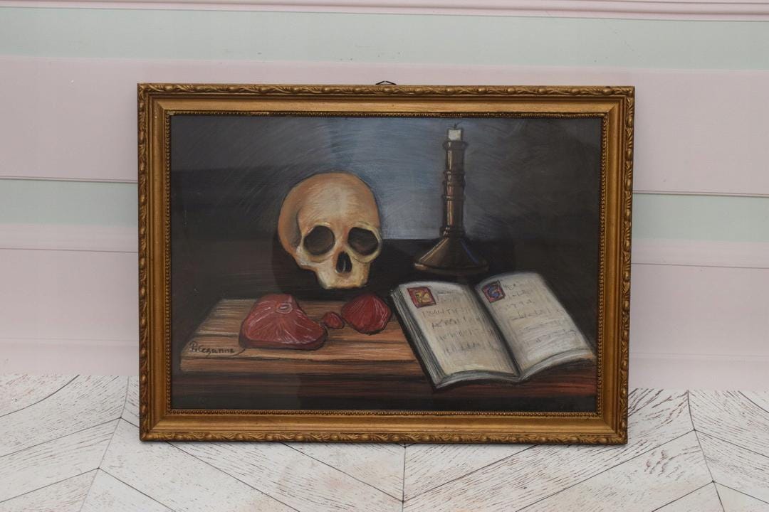 Memento Mori Painting: Vintage Skull Art, Cezanne Style Pastel on