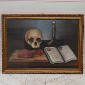Pintura Única Memento Mori - Estilo Paul Cezanne - Caveira Pastel Antigo em Caixa - Pintura Vintage Feita à Mão Horrível - Ideia de Presente - Decoração de Parede