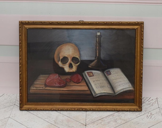 Unique Painting Memento Mori - Paul Cezanne Style - Skull Old Pastel on Carton - Handmade Vintage Painting Horrible - Gift Idea - Wall Decor