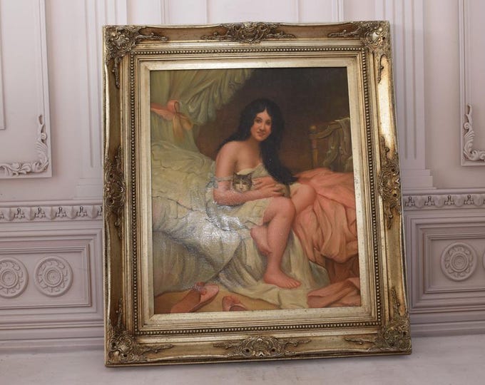 Vintage Painting Woman with Cat - Painting on Canvas with Nice Frame - Painting French Artist - Wall Decor - Home Decor - Gift Idea