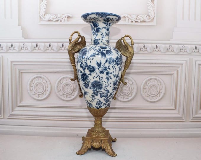 Large Vase with Swans - Amazing Porcelain Vase with Bronze Base - White and Blue Amphora - Home Decor - Bronze Ornaments Swans Wedding Gift