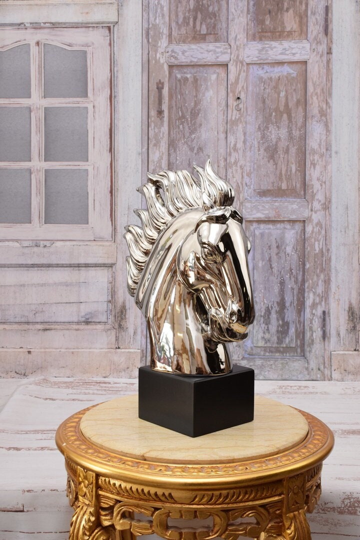 Modernist Horse Head Sculpture Ceramic and Metal Silver 