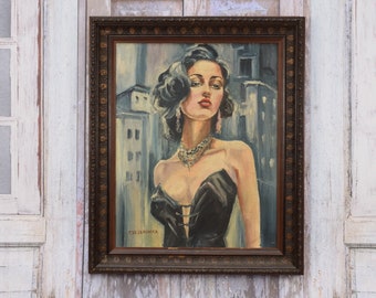 Painting Tamara De Lempicka Style - Woman in Black Corset - Art Deco Handmade Painting - Wall Decor - Home Decor - Gift for Wedding