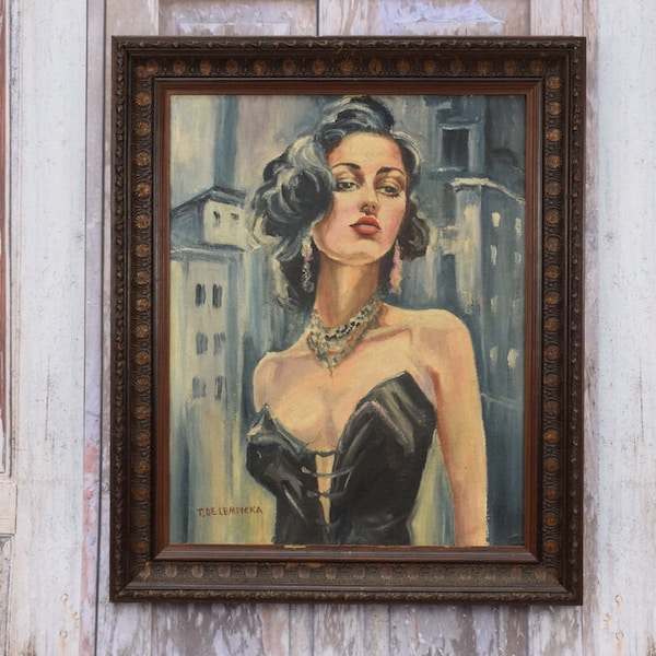 Tableau style Tamara De Lempicka - femme en corset noir - tableau art déco fait main - décoration murale - décoration d'intérieur - cadeau pour mariage