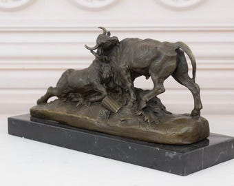 Signed Bronze Fighting Bulls Sculpture on Marble Base