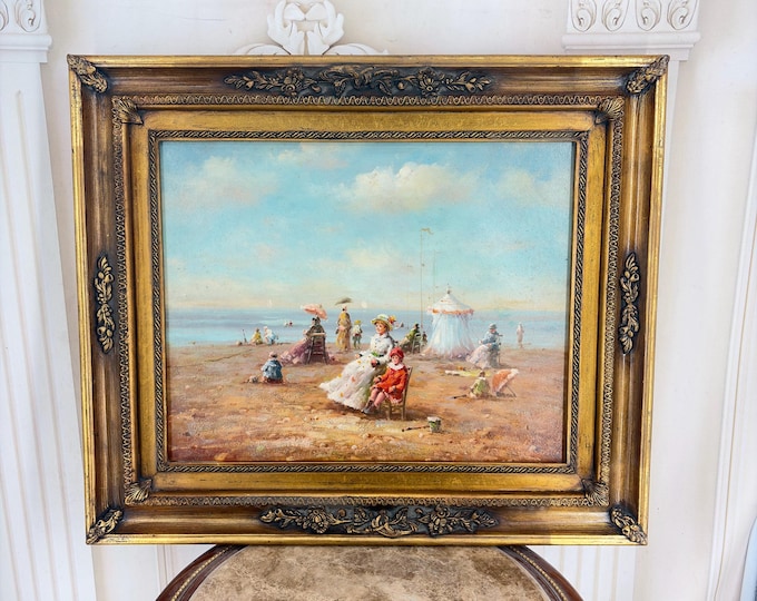French Aristocracy by the Sea Painting - Vintage Oil on Canvas - Elegant Coastal Scene in Decorative Frame