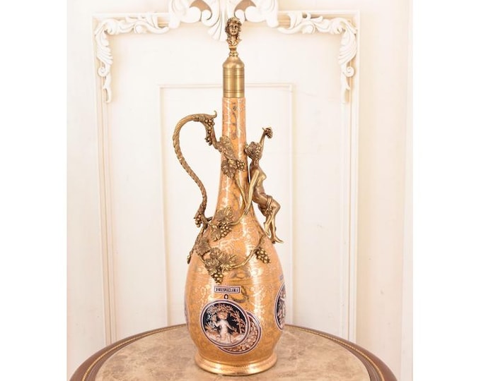 French Art Nouveau Porcelain Carafe – Orange Bronze Mounts, Vintage Wine Decanter