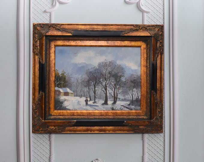 Winter Landscape Oil Painting on Canvas, Golden Frame, Signed Art