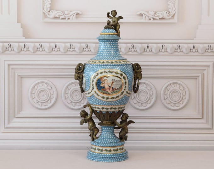 Blue Porcelain Vase - Black Antique Casket - Angels Bronze Ornaments - Porcelain Gift - Home Decor - Regency Decor - Unique Gift