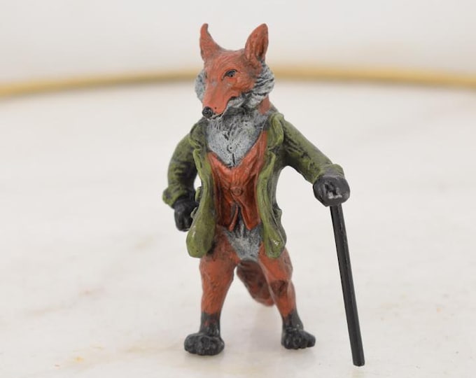 Fox Figurine with Walking Cane – Hand Painted Vienna Bronze Sculpture – Vintage Animal Art – Collectible Gift Home Decor