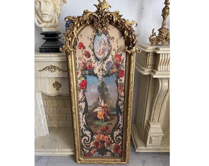 Baroque Style Fabric Wall Art – Romantic Couple, Cherub, Floral Gilt Frame