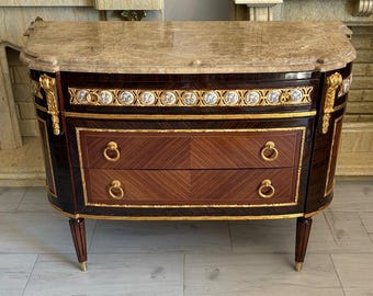 French Baroque Commode – Beech Wood, Bronze Ornaments, Marble Top, Circa 1920