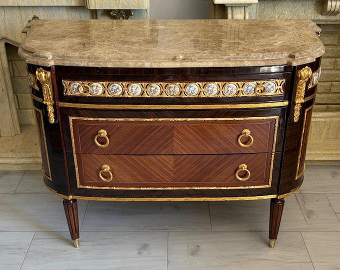 French Baroque Commode – Beech Wood, Bronze Ornaments, Marble Top, Circa 1920