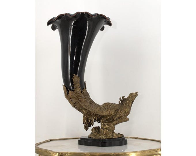 Very Large Porcelain Black Vase - Porcelain and Bronze Ornaments - Bronze Statue Pheasant - Hunter Amphore - Home Decor - Gift for Wedding