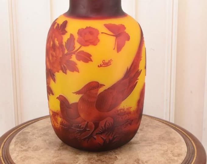 Emile Galle Style Glass Vase: Yellow Orange Pheasant Design