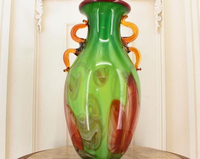 Emerald Green Murano Style Vase – Vintage Art Glass Decor