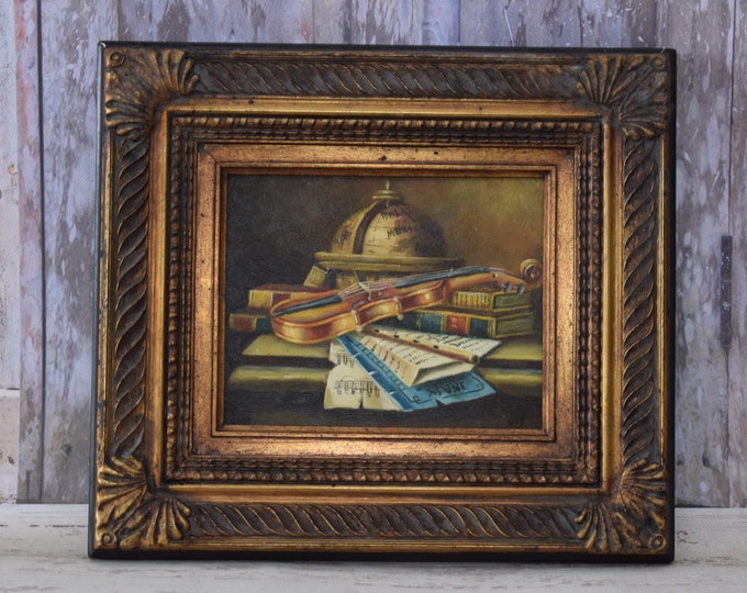 Wonderful Painting Globe and Violin - Painting with Golden Frame - Interior of the Old House Painting Art Work - Wall Decor