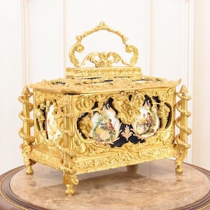 French Gilt Bronze & Porcelain Jewelry Casket | Hand-Painted Antique Trinket Box with Gold Accents | Unique French Collectible