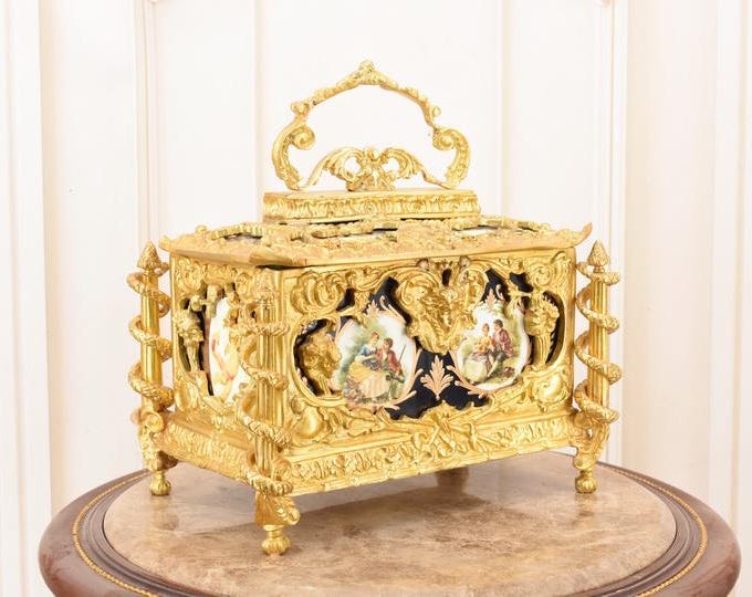French Gilt Bronze & Porcelain Jewelry Casket | Hand-Painted Antique Trinket Box with Gold Accents | Unique French Collectible