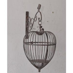 Vintage Metal Hanging Bird - Cage on Bracket - Grey Planter Cage - Pergola Wall Decor - Unique Rustic Garden Decoration Indoor Outdoor