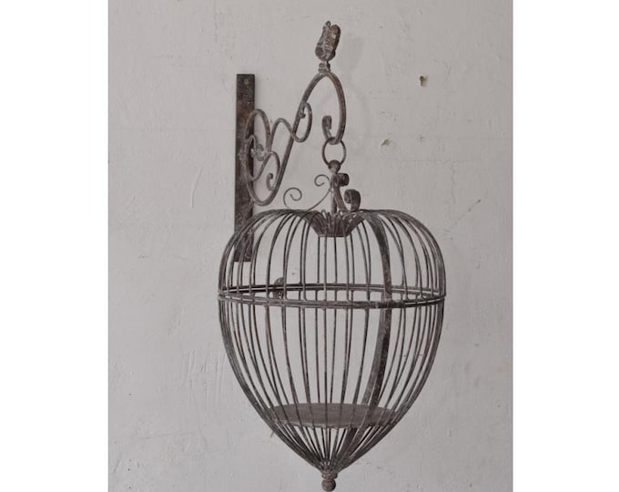 Vintage Metal Hanging Bird - Cage on Bracket - Grey Planter Cage - Pergola Wall Decor - Unique Rustic Garden Decoration Indoor Outdoor