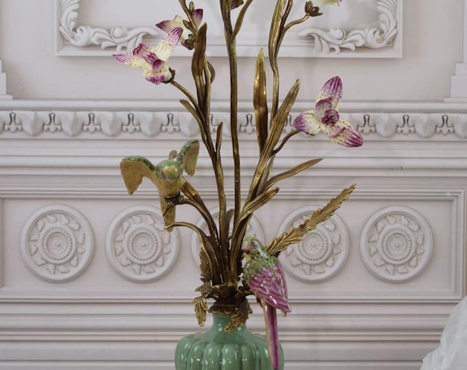 Parrots on the Tree Porcelain with Bronze Ornaments - Vintage Candlestick - Parrots on a Branch - Parrots Statues - Exclusive Porcelain