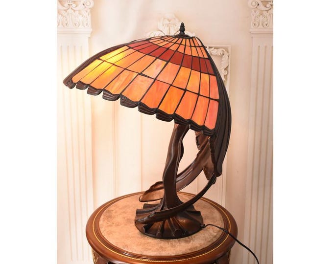 Handcrafted Stained Glass Floor Lamp – Art Deco Woman with Umbrella