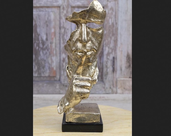 Bronze Sculpture "The Moment" man asking for silence - garden figurine - silver painted bronze statue - home decor gift idea