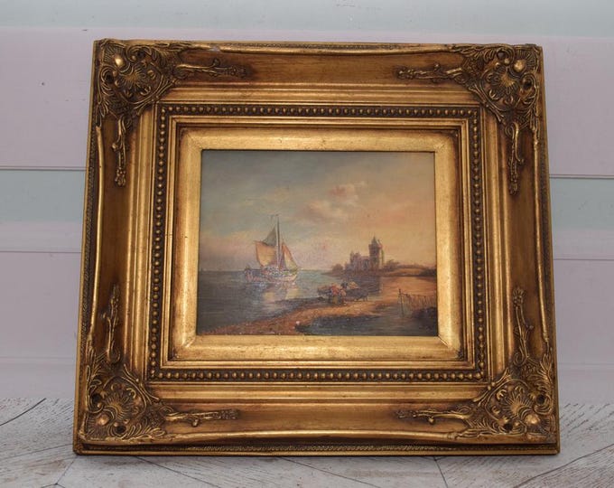 Vintage Painting Ship in Port – Handmade Nautical Art with Gold Frame – Sea Wall Decor – Gift for Ocean Lovers
