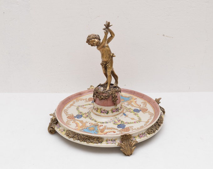 Flowerpot Plateau Playing Angel Porcelain with Bronze Art Nouveau Ornaments  Vintage Art Deco Gift -
