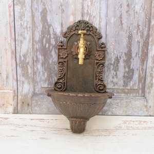 Cast Iron Brown Wall Fountain with Brass Faucet Tap,  Fountain Metal Wall Sink, Patio &  Wall Ornament Outdoor