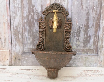 Cast Iron Brown Wall Fountain with Brass Faucet Tap,  Fountain Metal Wall Sink, Patio &  Wall Ornament Outdoor ation