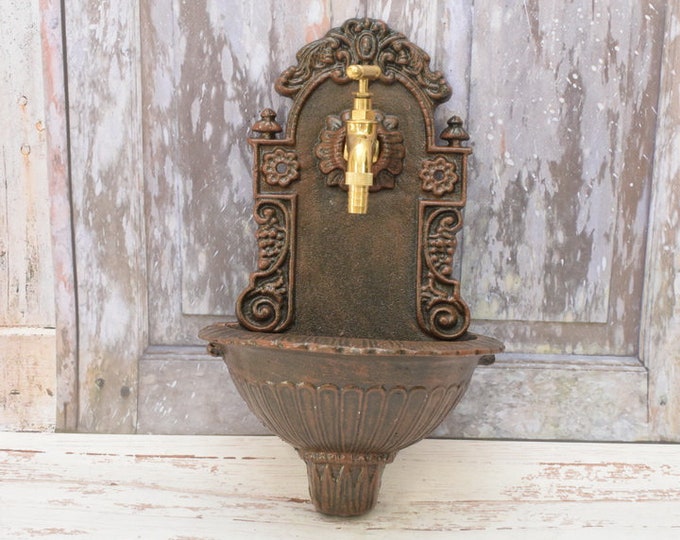 Cast Iron Brown Wall Fountain with Brass Faucet Tap,  Fountain Metal Wall Sink, Patio &  Wall Ornament Outdoor
