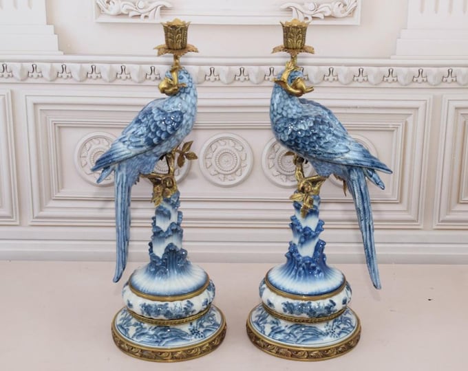 Blue Pair Parrots Set Porcelain with Bronze Candlestick, Regency Candlestick, Boho Decor, Blue Parrots Statues, Exclusive Porcelain Gift