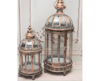Set of 2 Vintage Lanterns – Large and Small Metal Candle Lanterns