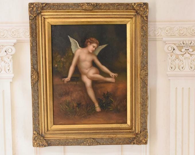 Seated Winged Cupid Oil Painting | Thoughtful Romantic Cherub on Wood from French Estate