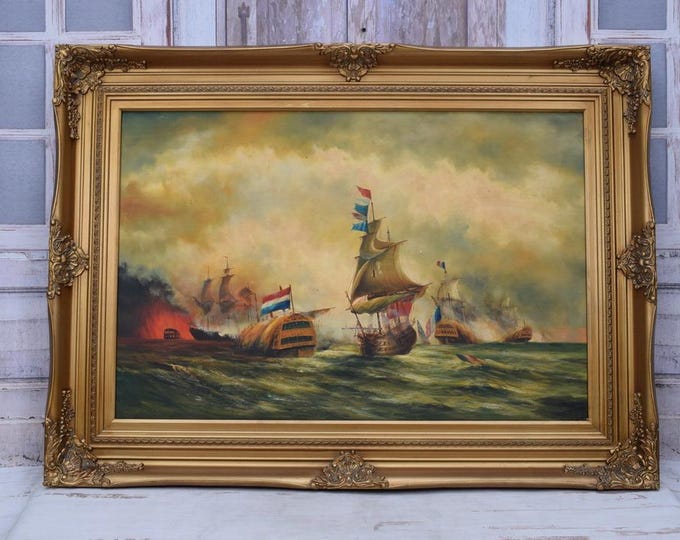 Large Vintage Maritime Oil Painting - Naval Battle at Sea - Sailing Ships War Scene