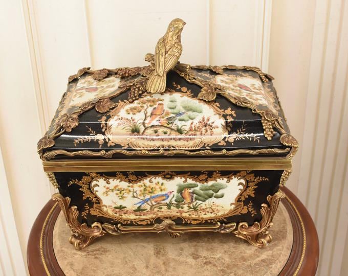 Vintage French Porcelain Jewelry Box – Hand Painted Bronze Bird Casket
