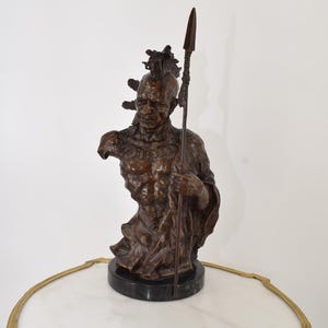 Large Indian Warrior with Spare - Bronze Bust Sculpture on Marble Base - US Vintage Figure - History US Statue - Home Decor - Gift Idea
