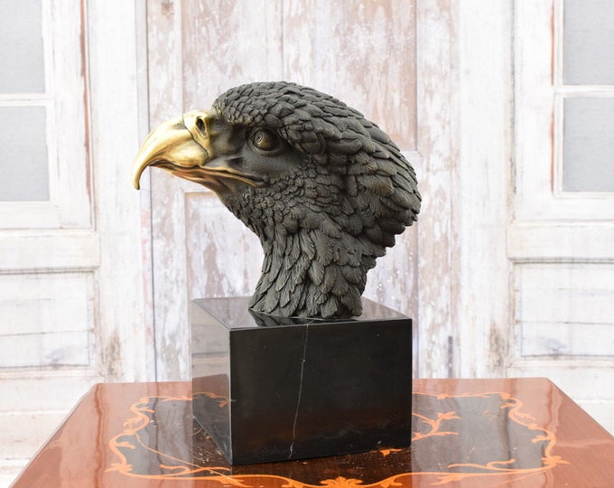 XL Eagle Head Bronze Sculpture - Eagle Bronze Statue on Marble Base - Vintage Figurine - Gift Idea -
