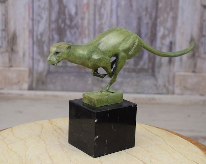 Running Bronze Jaguar Green Patina - Amaizing Realistic Bronze Statue - Sculpture Animal on Marble Base - Gift Idea - Home Decor
