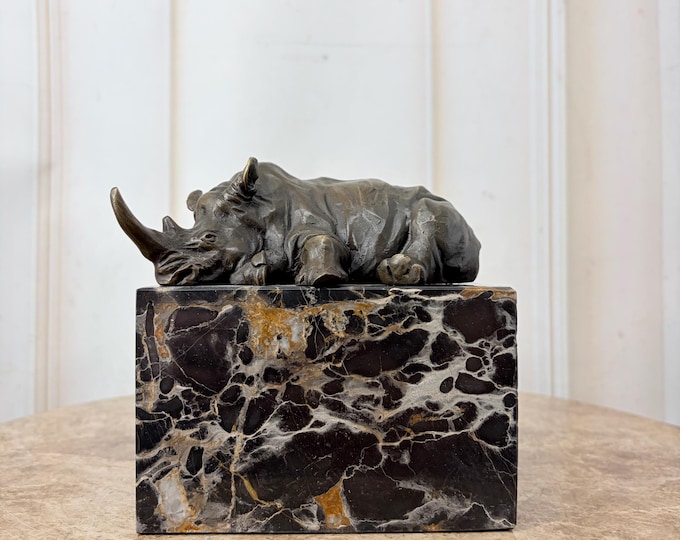 Funny Lying Bronze Rhinoceros Sculpture - Animal Statue on Marble Base
