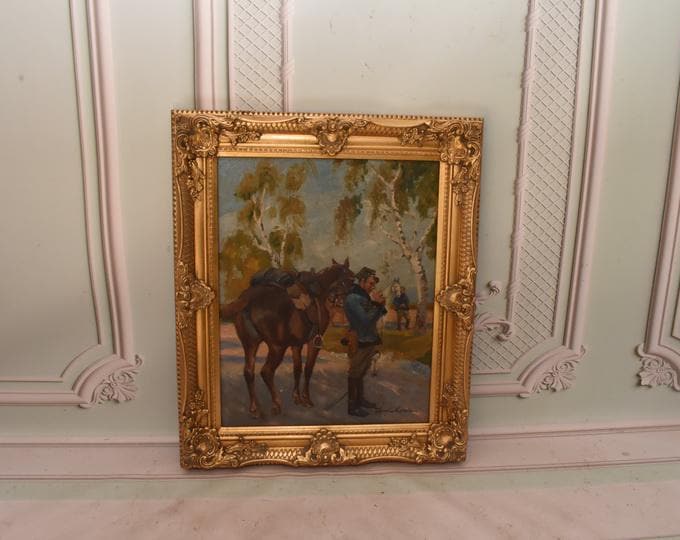 Antique Polish Oil Painting – Soldiers on Horseback, 1930s Canvas Art