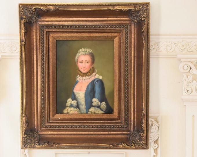 Painting Portrait French Aristocrat - Goldene Frame - Portrait Woman - Old Oil on Wood - French Art - Wall Decor - Gift for Birthday Wedding