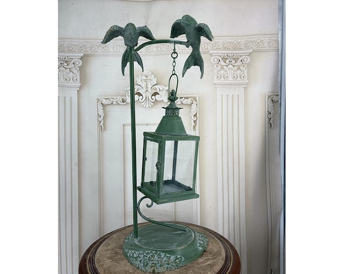 Vintage Green Hanging Lantern With Two Birds – Rustic Metal Garden Decor