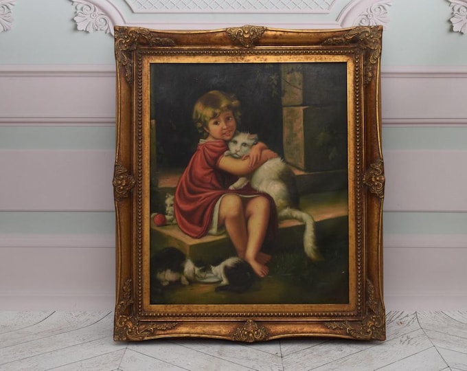 Vintage Painting Girl with Cats - Painting on Canvas with Gold Frame - Wall Art Decor - Home and Office Decor - Gift for Birthday