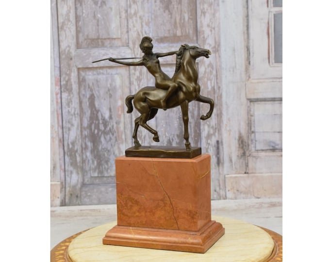Aldo Vitaleh Amazonian Warrior on Horse with Spear - Mythology Woman Sculpture on Marble Base - Home Decor - Foundry Mark - Gift Idea