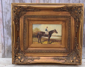 Painting Jockey on Horse in Golden Frame - Horse Painting - Oil on Wood - French Art Wall Decor - Horse Art - Luxury Gift - Home Decor